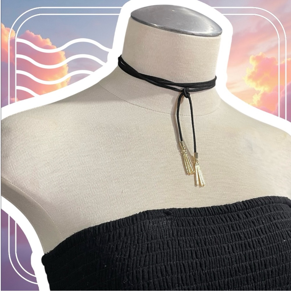 2 Piece - 2 Pairs - Faux Suede Choker Necklace With Tassels - Black + Gold - New